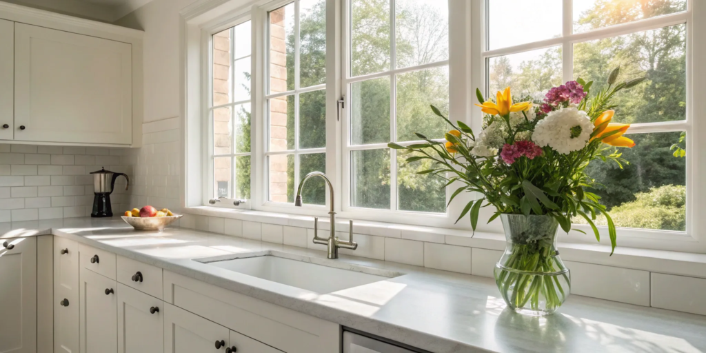 Updated kitchen with white cabinets and large windows.
