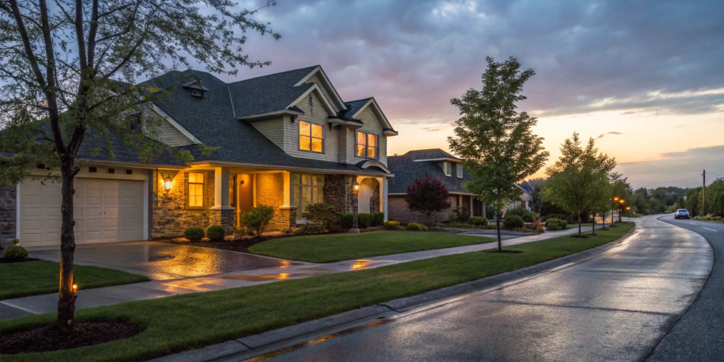 Wet driveway of suburban home at sunset.