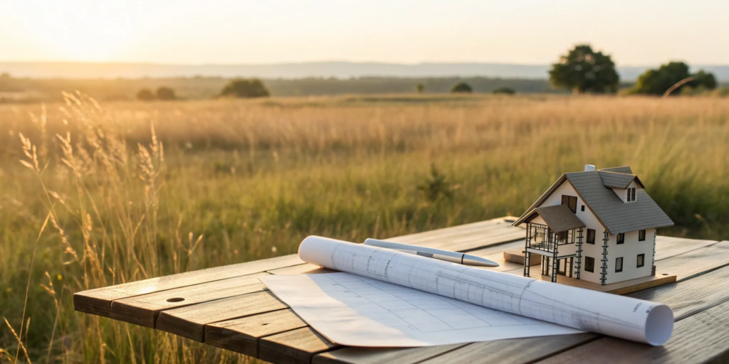 House blueprints on table in field.