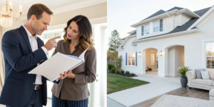 Real estate agent and client discussing a contract.