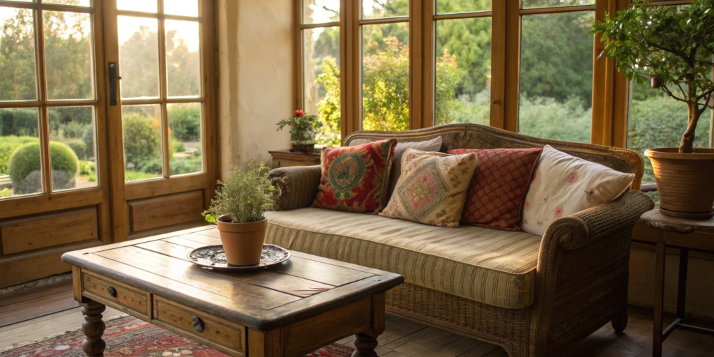 Bright sunroom with cozy seating and garden view.