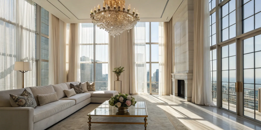 Luxury home interior with high ceilings, chandelier, and elegant furniture.