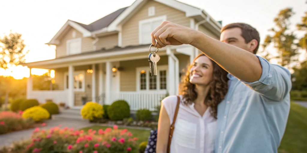 Couple celebrates with keys in front of new home, using first-time buyer programs.