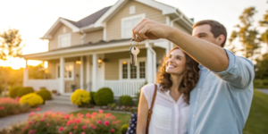 Couple celebrates with keys in front of new home, using first-time buyer programs.