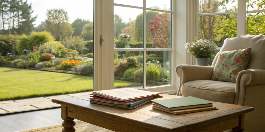 Selling a home: Bright living room with garden view.