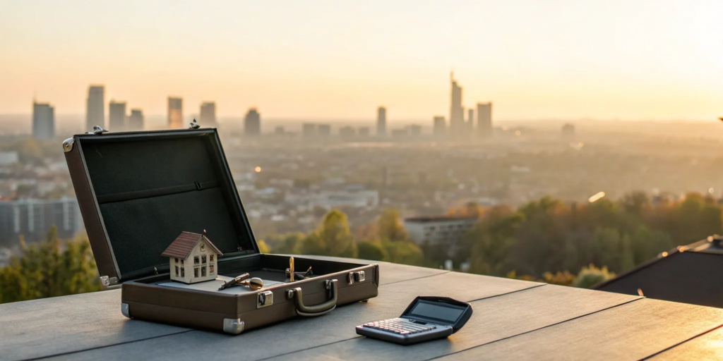 Investment property tools: briefcase, keys, calculator, house model.