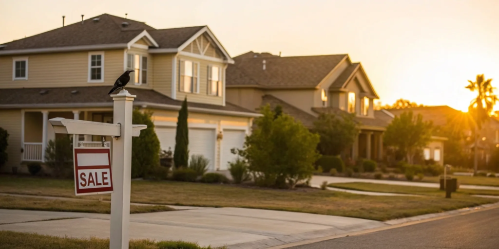 House for sale sign at sunset.