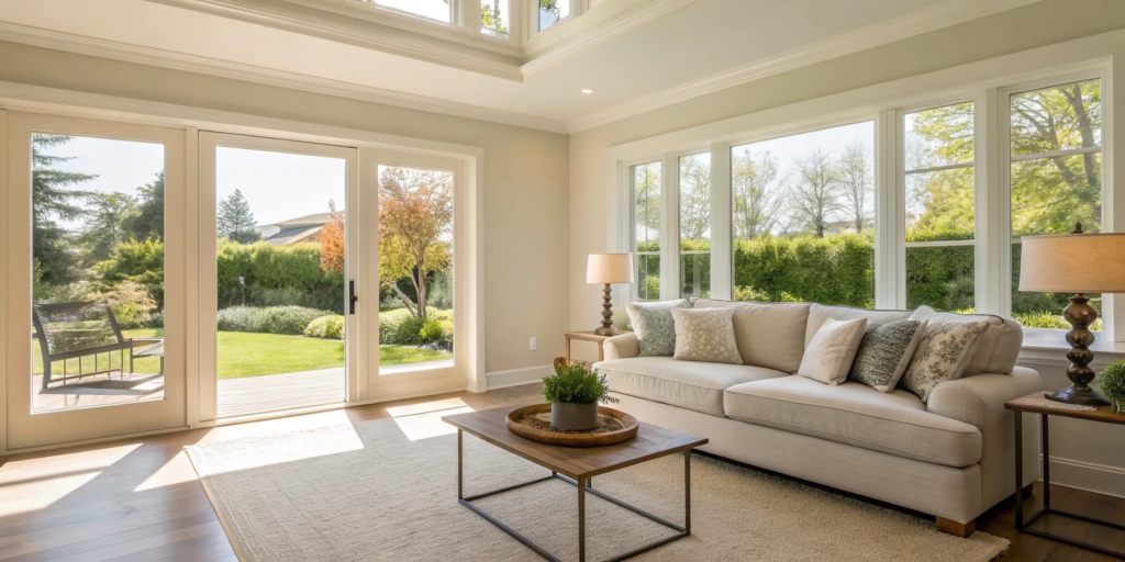 Investment property living room with modern decor and garden view.