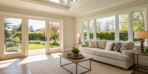 Investment property living room with modern decor and garden view.