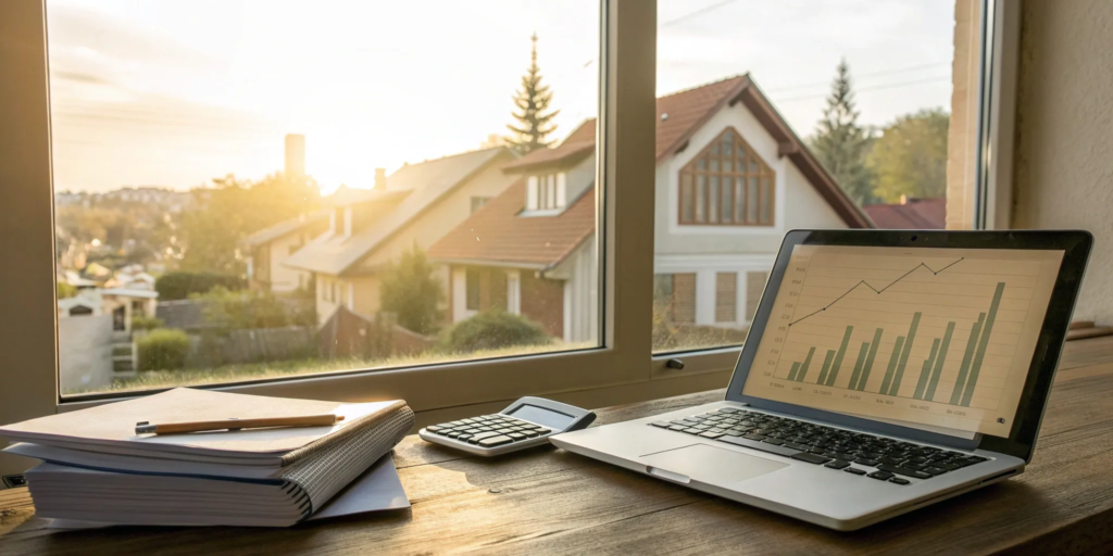 Home sale calculator on laptop with notepad.