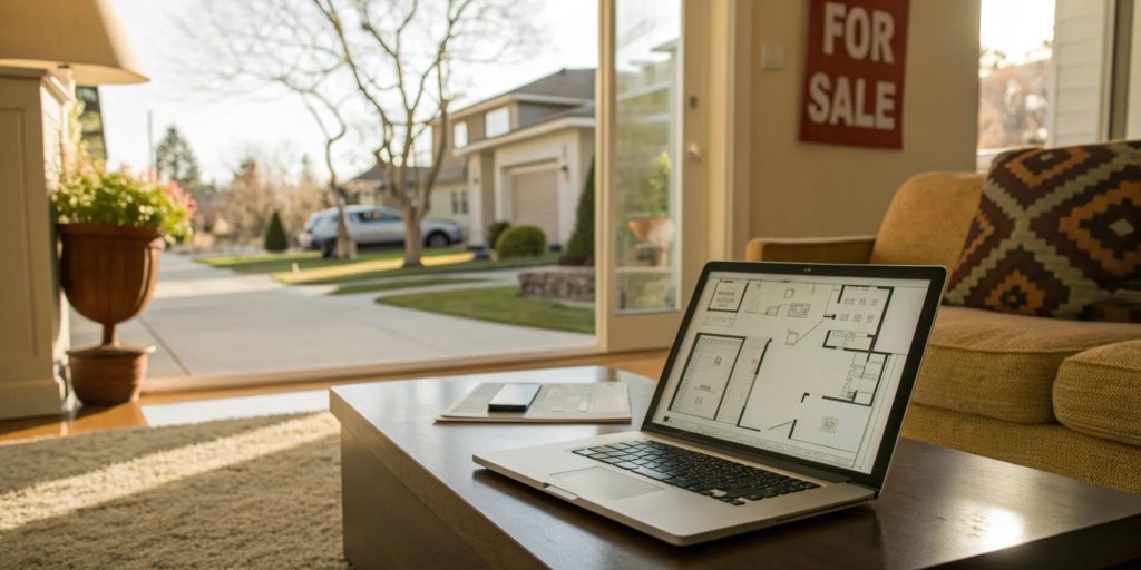 Selling a home by owner: floor plan, "For Sale" sign, and house exterior.