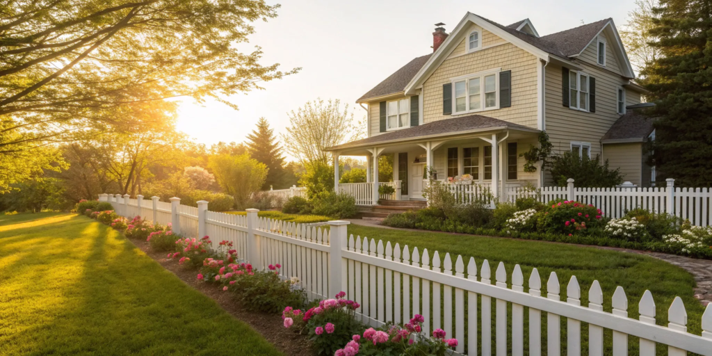 Single-family home with white picket fence and garden.