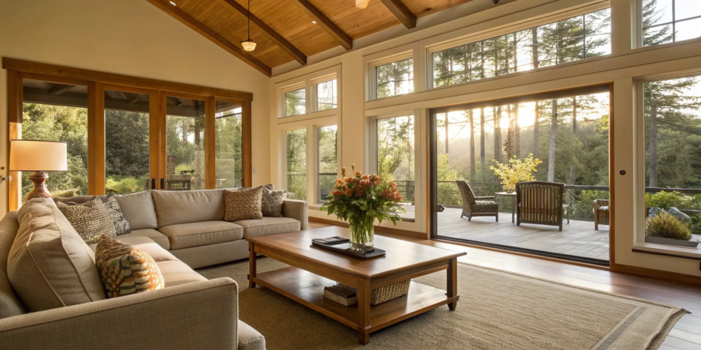 Bright, neutral living room opens to patio.