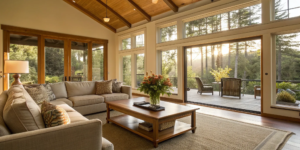 Bright, neutral living room opens to patio.