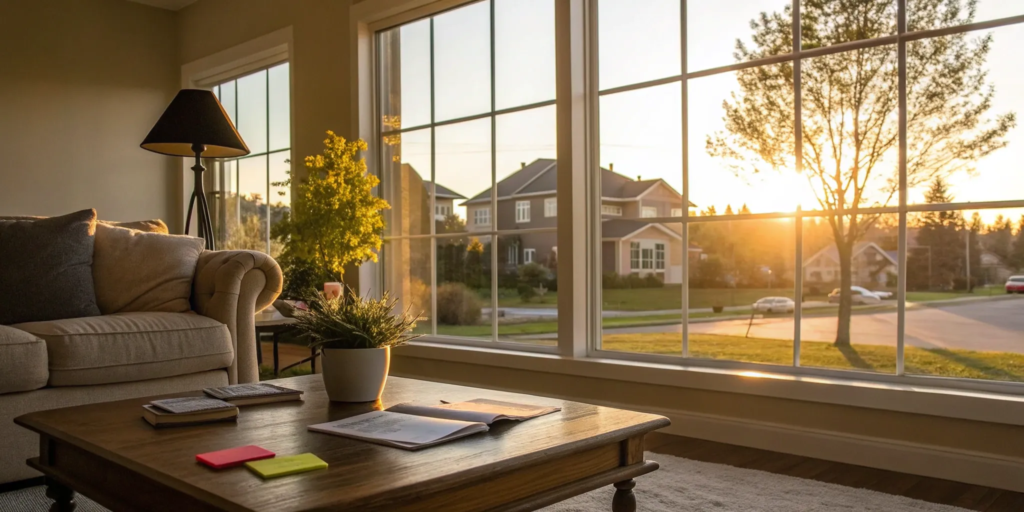 A bright living room in a suburban home, a common real estate investment example.