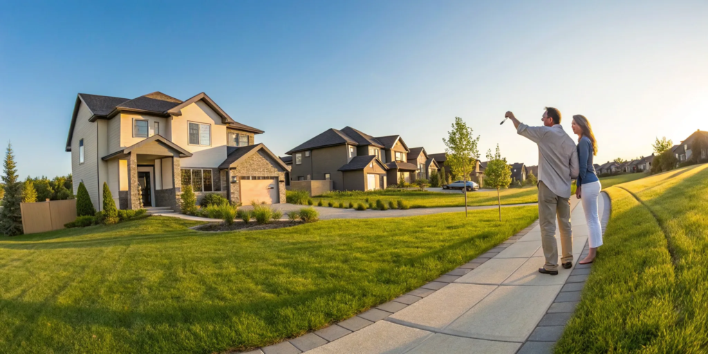 The buying process for a new construction home begins with a couple touring a new property.