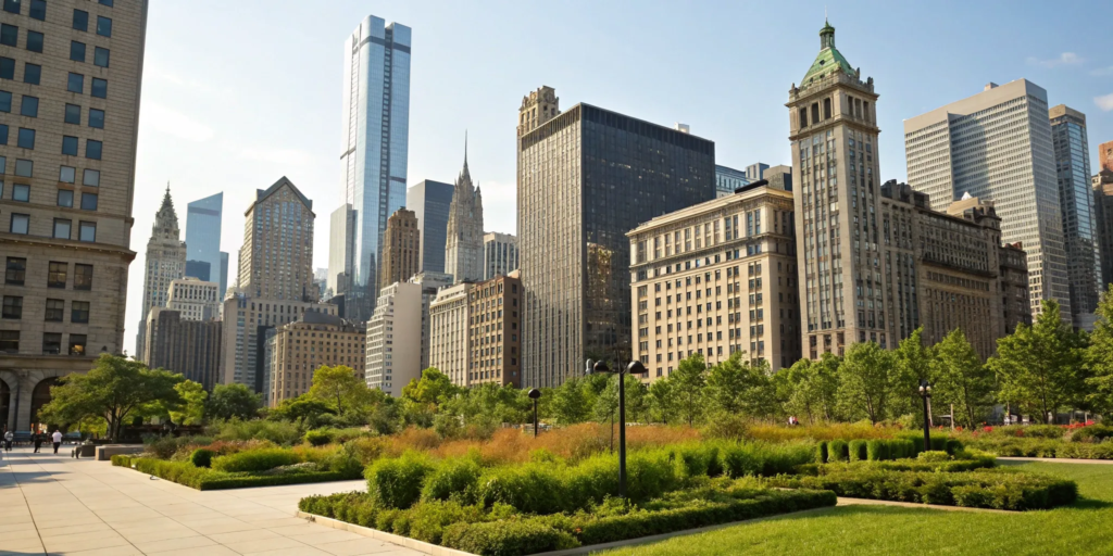 City skyline over a park, a prime location for finding investment properties.