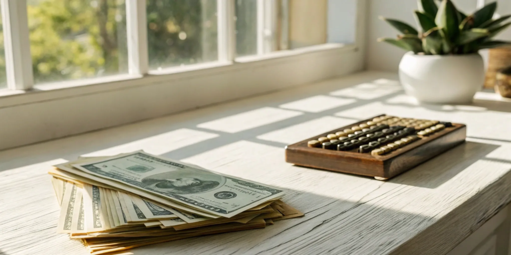 Calculating how much you lose selling your house for cash with an abacus and hundred dollar bills.