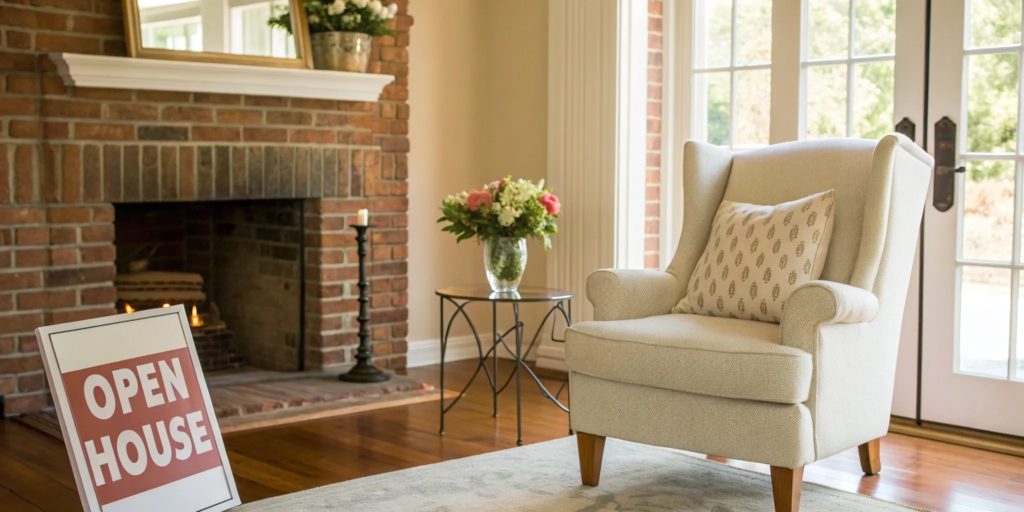 Real estate agent with open house sign in staged living room.