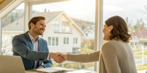 A home buyer shaking hands with the real estate agent they hired to help them buy a home.