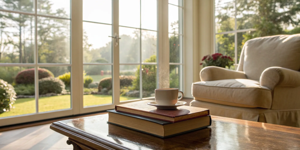 A sunlit living room with a book and coffee, a result of investing in real estate for passive income.