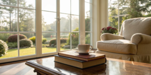 A sunlit living room with a book and coffee, a result of investing in real estate for passive income.