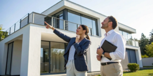 Real estate agent and buyer negotiating the price of a new construction home.