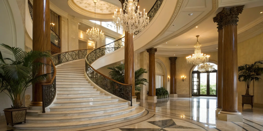 Luxury mega mansion for sale with a grand marble staircase and chandeliers.