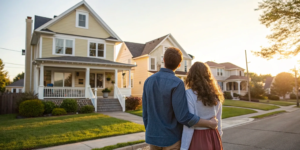 A couple embracing while using tips for buying their first house.