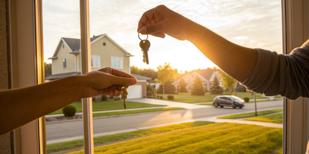 Two people exchanging keys, completing the process of selling and buying a home.