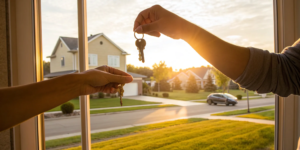 Two people exchanging keys, completing the process of selling and buying a home.