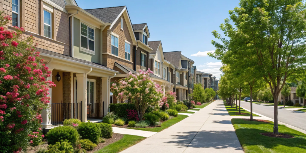 Modern townhouses for sale with landscaped yards on a tree-lined suburban street.