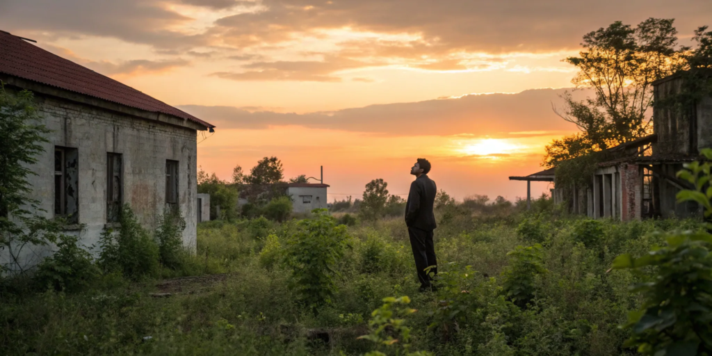 Investor analyzing abandoned buildings for a distressed real estate investment.