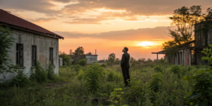 Investor analyzing abandoned buildings for a distressed real estate investment.