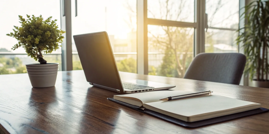 A desk with a laptop and notebook for learning what a buyer's agent fee is under new rules.