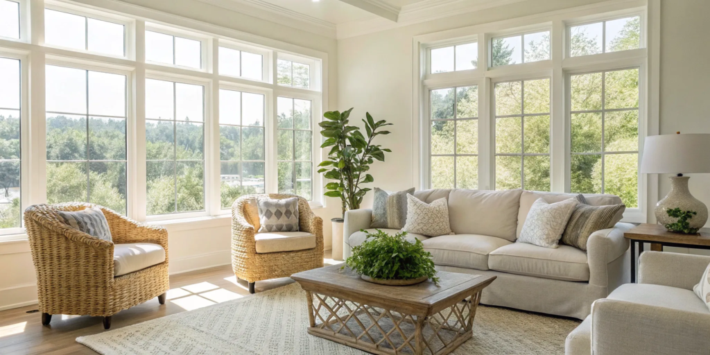 A professionally staged living room, a key step in the home selling process flow.