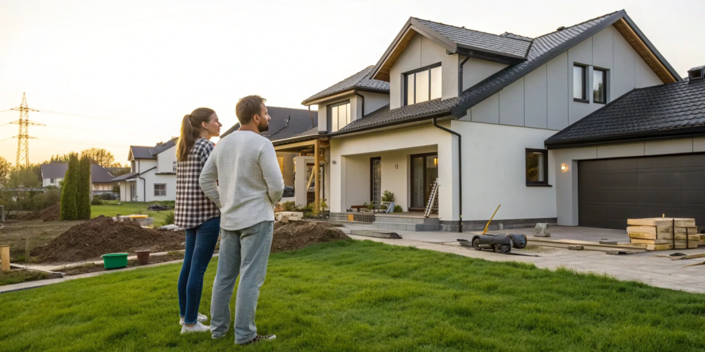 Couple outside a new construction home, discussing smart home buying tips.