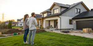 Couple outside a new construction home, discussing smart home buying tips.