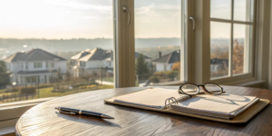 A notebook on a desk overlooking homes, where a seller plans to pay the buyers agent commission.
