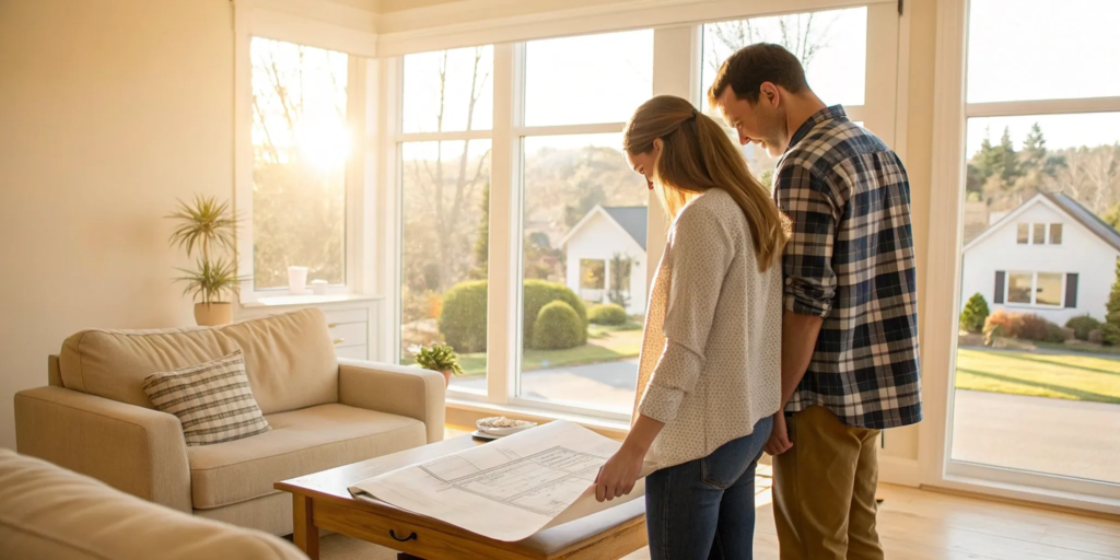 A couple getting first time home buyer help while reviewing house plans.