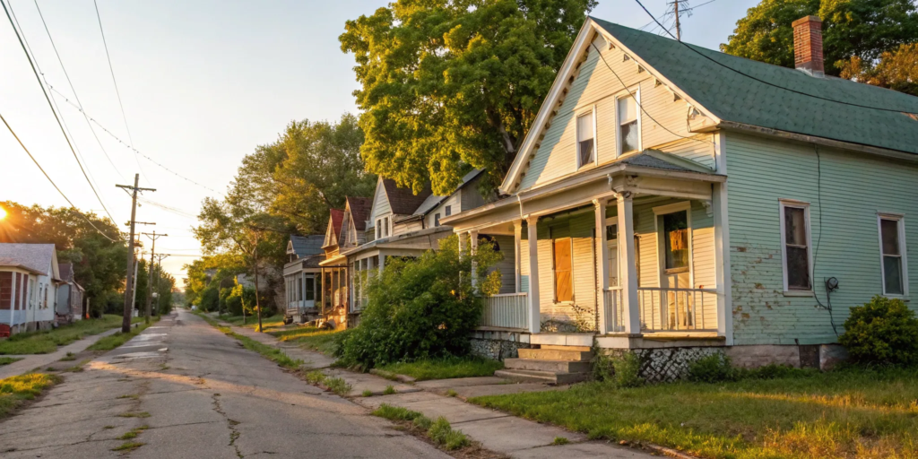 A row of distressed properties on a street, an opportunity for an investor to buy and renovate.