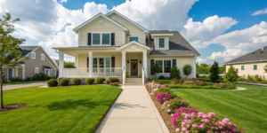 A modern new construction home with a green lawn, an affordable option for homes under 300k.