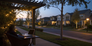 A person uses a laptop to find out if a house is in foreclosure online.