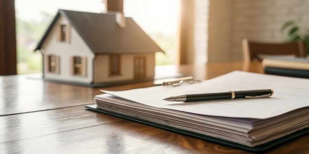 A house model next to legal documents required for selling a house.