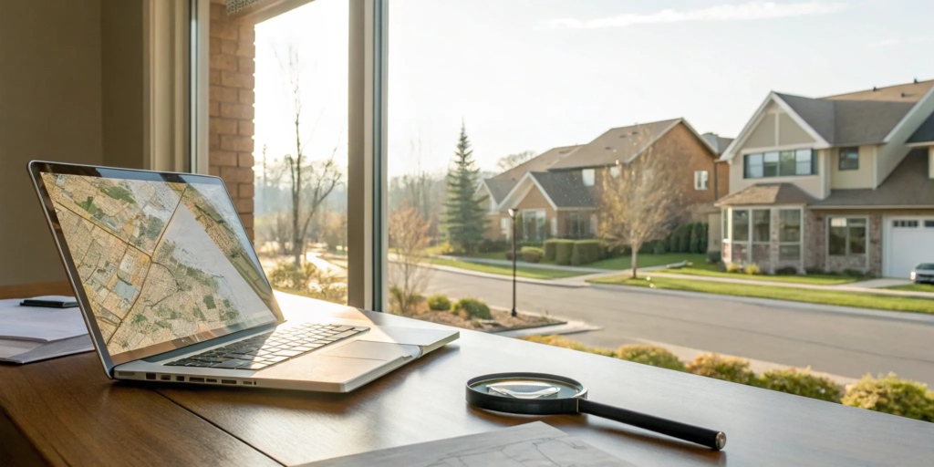 A laptop showing a property value estimator tool to determine a home's market value.