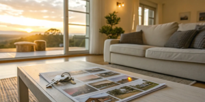 House keys and photos on a table in a living room, ready to sell my house for cash.