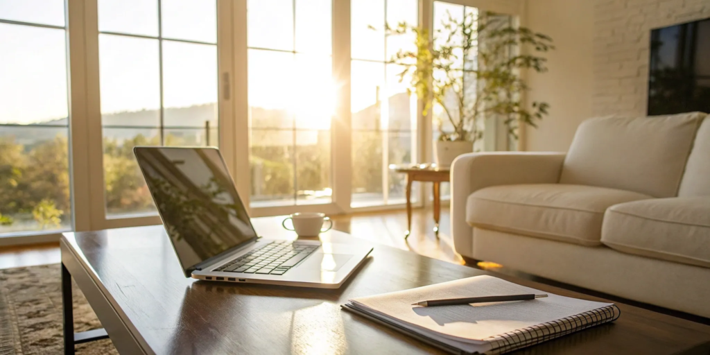 A laptop showing a sellers closing costs calculator to estimate the final net profit from a sale.