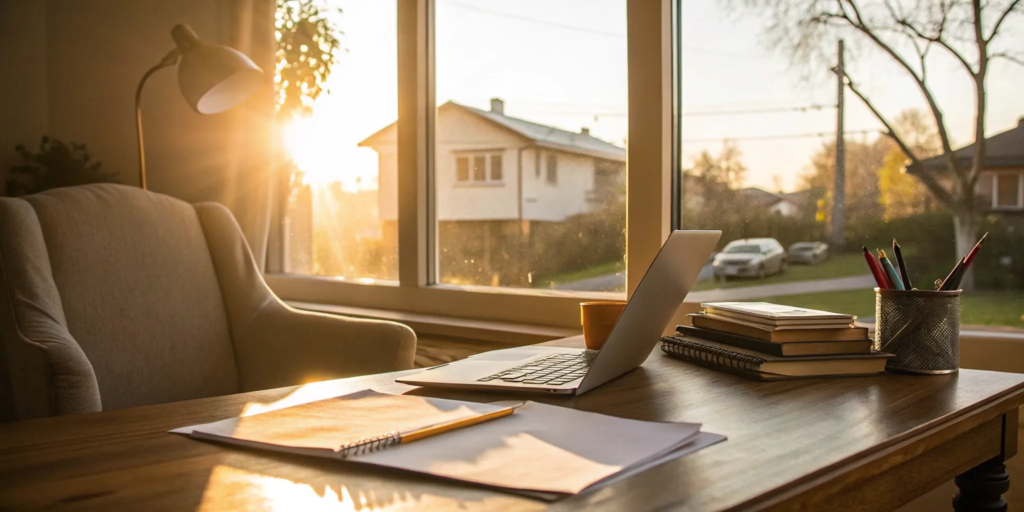 A buyer's agent checklist for home buyers on a desk with a laptop.