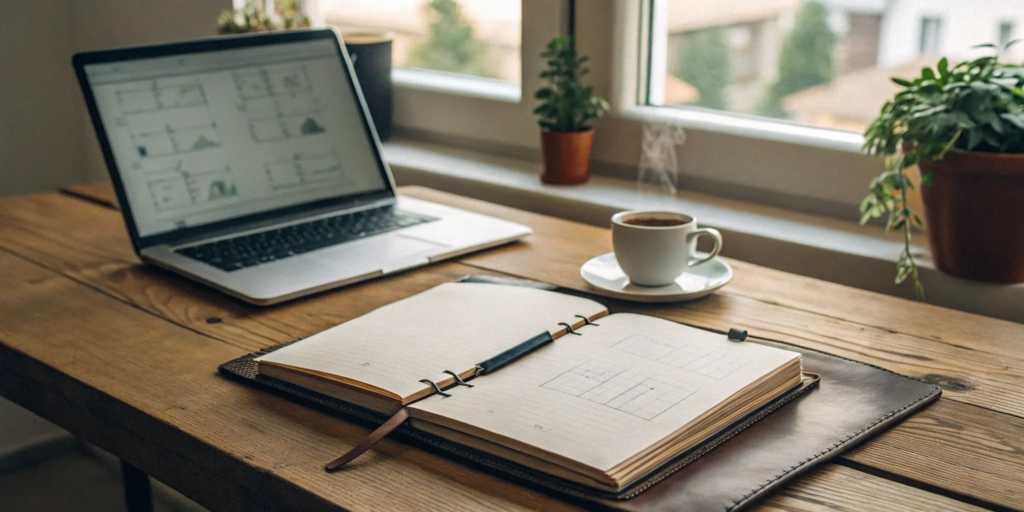 A real estate buyer checklist PDF on a laptop next to a notebook and pen.