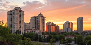 Investing in modern apartment buildings at sunset to build long-term wealth.